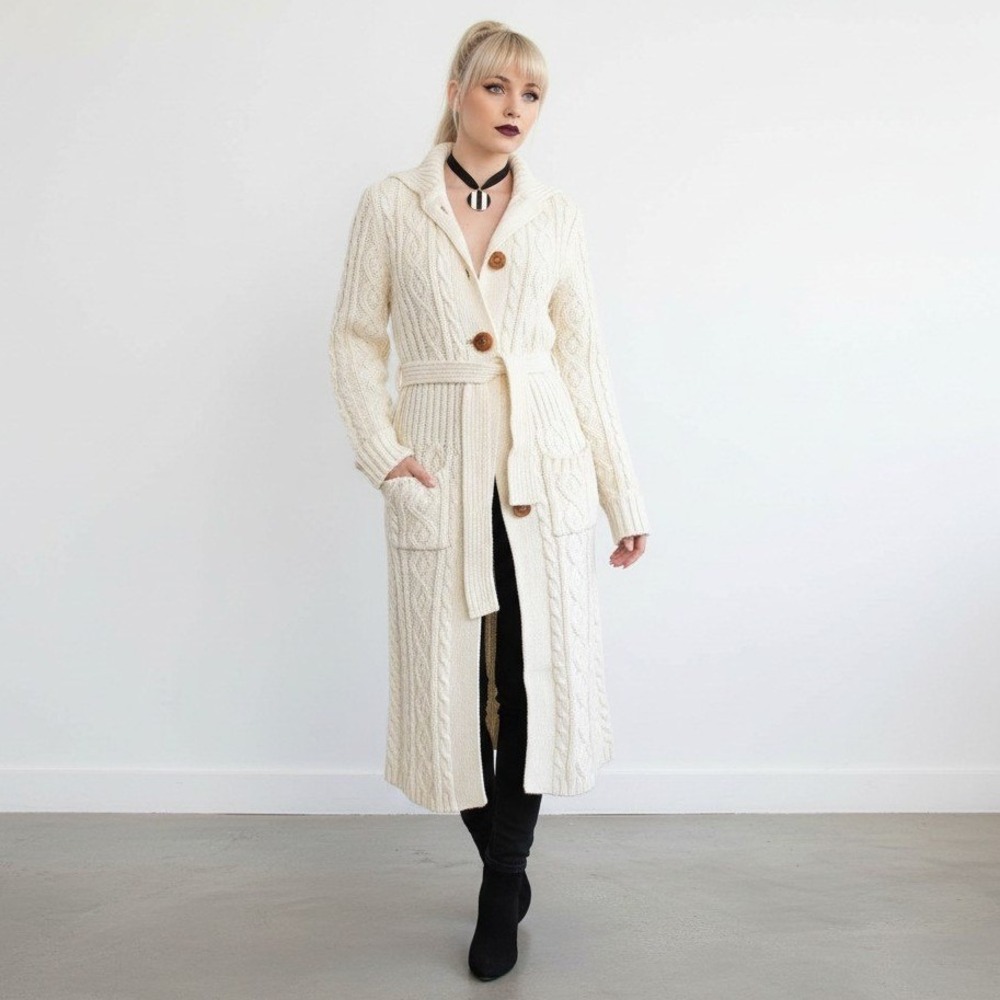 Vintage 70s Longline Cable Knit Sweater Cream Belted Shawl Collar